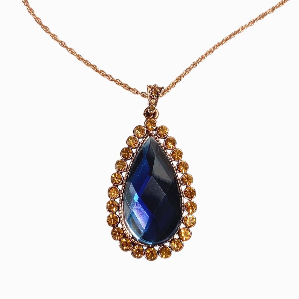 1928 Necklace Blue Rhinestone Pendant Copper Tone Chain Teardrop 2028 Retro 18”